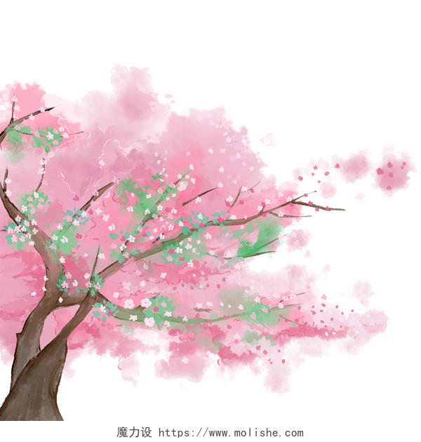 粉色水墨中国风树木大树PNG素材